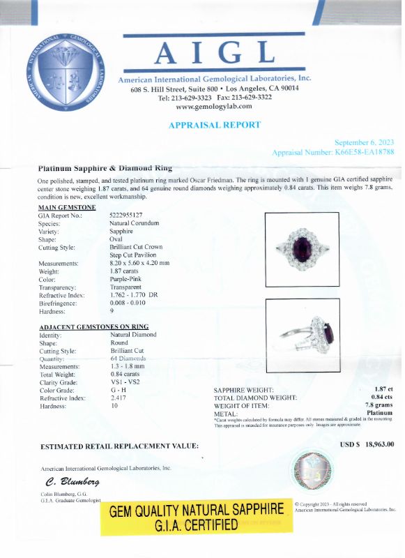 Photo 1 of ORIANNE 1.87ct PURPLE PINK SAPPHIRE AND  0.84ctw DIAMOND PLATINUM RING TOTAL WEIGHT  7.8 g  (GIA CERTIFIED) SIZE 6 3/4 WITH APPRAISAL RN034901