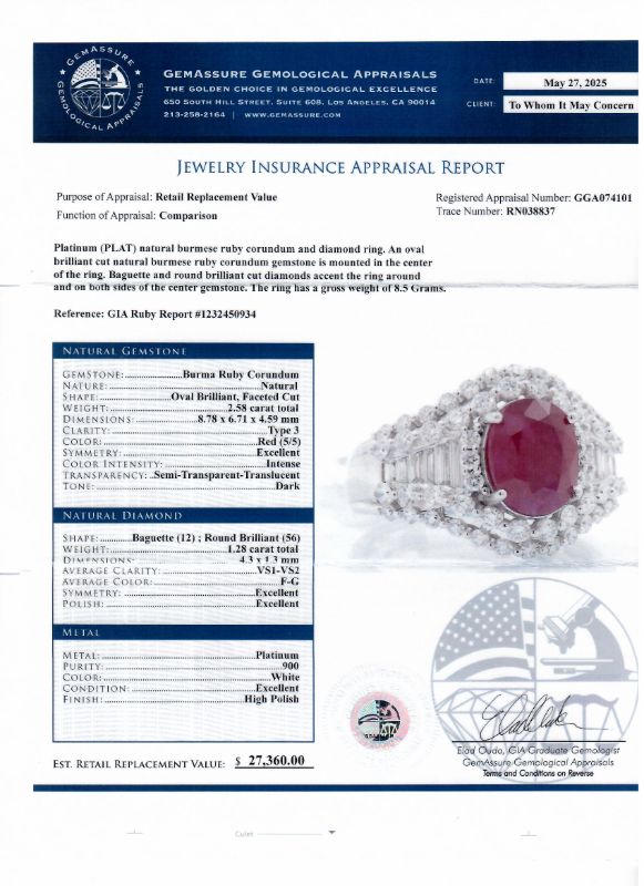 Photo 1 of ORIANNE 2.58ct BURMESE RUBY AND 1.28ctw DIAMOND PLATINUM RING (GIA CERTIFIED) TOTAL WEIGHT 8.5 g SIZE 6 3/4 WITH APPRAISAL RN038837