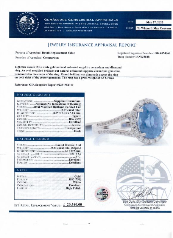 Photo 1 of ORIANNE 2.77ct UNHEATED BLUE SAPPHIRE AND 0.34ctw DIAMOND 18K WHITE GOLD RING (GIA CERTIFIED) TOTAL WEIGHT 5.5 g SIZE 6 3/4 WITH APPRAISAL RN038848
