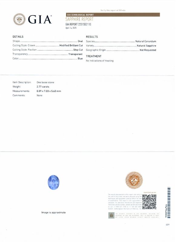 Photo 1 of ORIANNE 2.77ct UNHEATED BLUE SAPPHIRE AND 0.34ctw DIAMOND 18K WHITE GOLD RING (GIA CERTIFIED) TOTAL WEIGHT 5.5 g SIZE 6 3/4 WITH APPRAISAL RN038848
