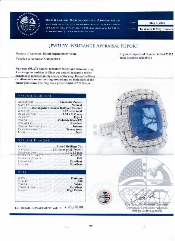 Photo 1 of ORIANNE 6.27ct TANZANITE AND  1.41ctw DIAMOND PLATINUM RING TOTAL WEIGHT 7.9 g SIZE 7 WITH APPRAISAL RN038741