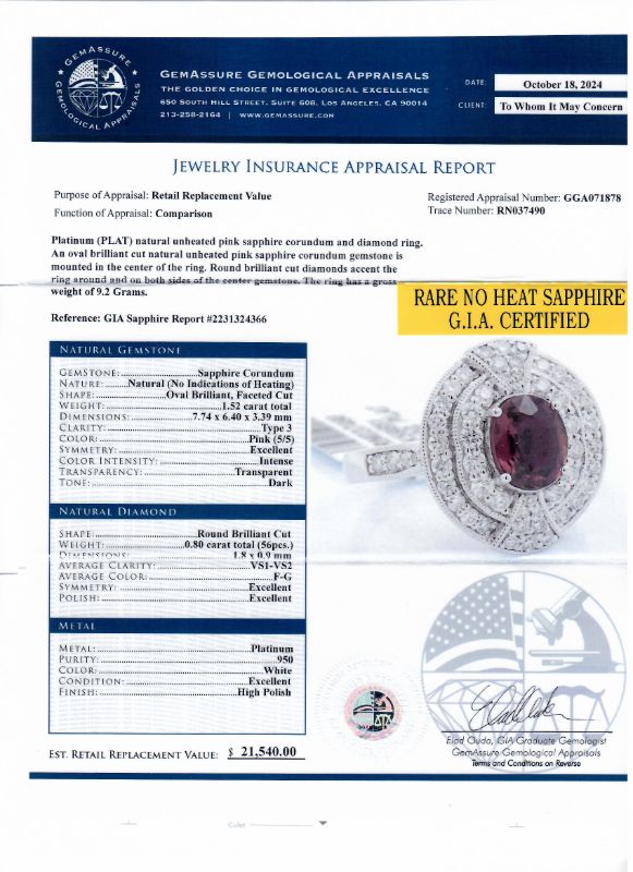 Photo 1 of ORIANNE 1.52ct UNHEATED PINK SAPPHIRE AND 0.80ctw DIAMOND PLATINUM RING (GIA CERTIFIED) TOTAL WEIGHT 9.2 g SIZE 7 WITH APPRAISAL RN037490