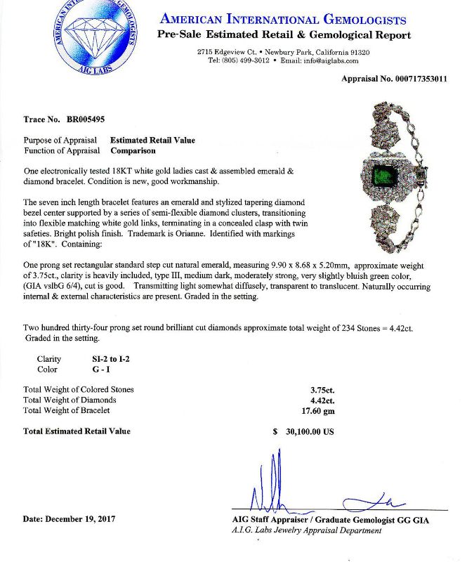 Photo 1 of ORIANNE 3.75ct EMERALD AND 4.42ctw DIAMOND18K WHITE GOLD BRACELET TOTAL WEIGHT 9.66 g, LENGTH 7" WITH APPRAISAL BR005495