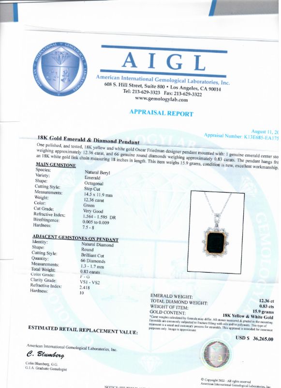 Photo 1 of ORIANNE 12.36ct EMERALD AND 0.83ctw DIAMOND 18K YELLOW AND WHITE GOLD PENDANT WITH CHAIN, TOTAL WEIGHT 15.9 g LENGTH 18" WITH APPRAISAL NK014383