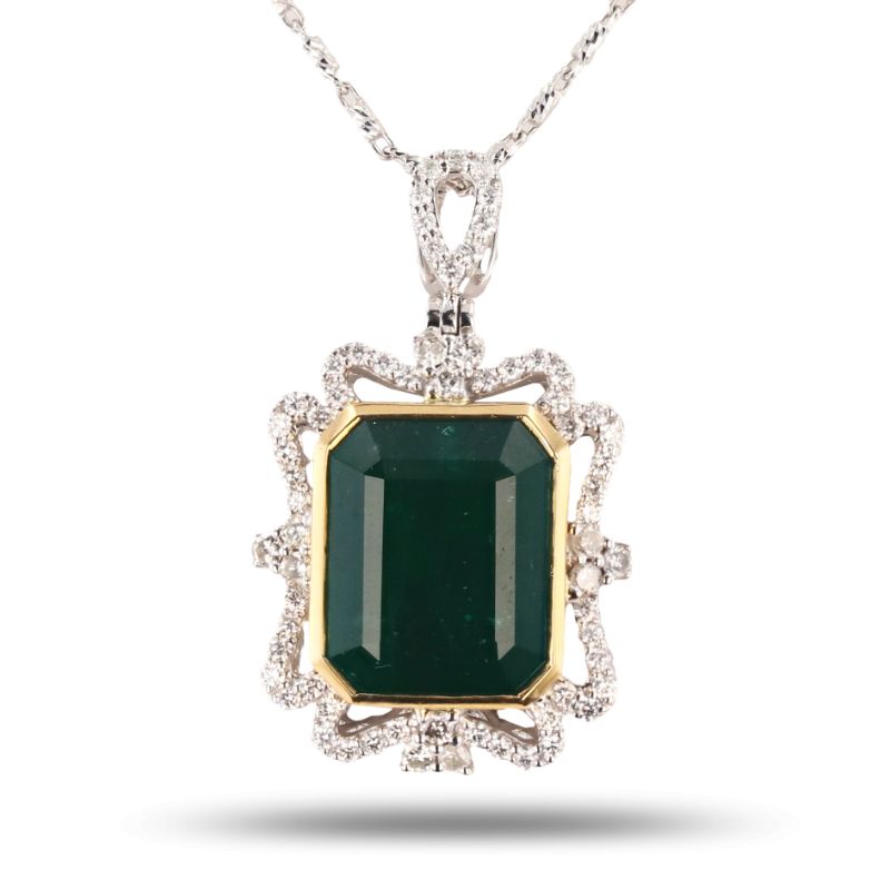 Photo 1 of ORIANNE 12.36ct EMERALD AND 0.83ctw DIAMOND 18K YELLOW AND WHITE GOLD PENDANT WITH CHAIN, TOTAL WEIGHT 15.9 g LENGTH 18" WITH APPRAISAL NK014383