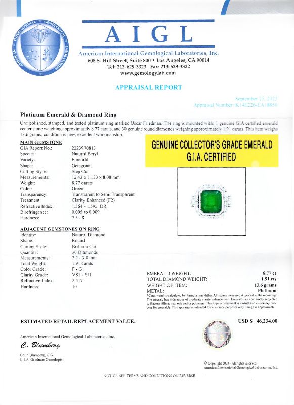 Photo 1 of ORIANNE 8.77ct EMERALD AND 1.91ctw DIAMOND PLATINUM RING (GIA CERTIFIED), TOTAL WEIGHT 2.3g SIZE 6 3/4 WITH APPRAISAL RN035058