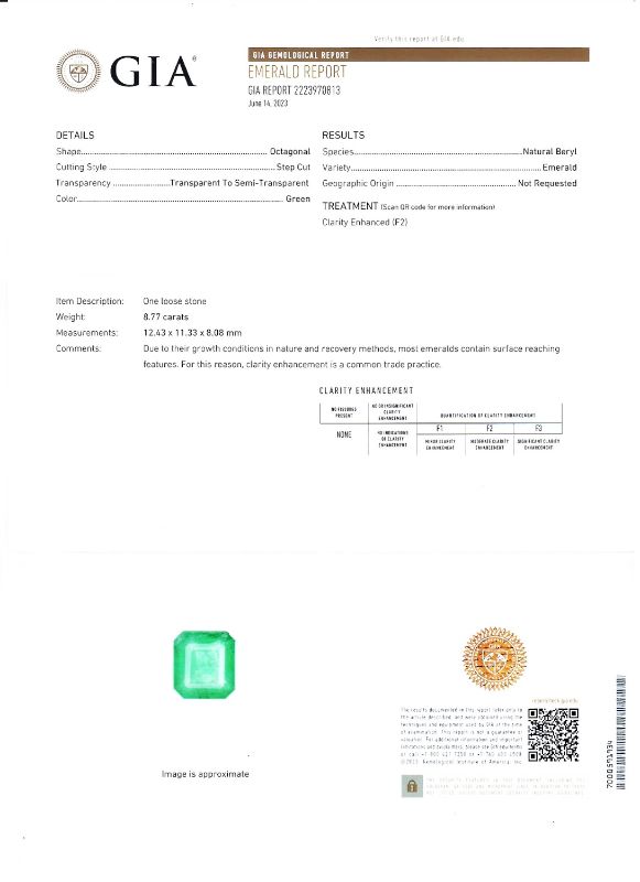 Photo 1 of ORIANNE 8.77ct EMERALD AND 1.91ctw DIAMOND PLATINUM RING (GIA CERTIFIED), TOTAL WEIGHT 2.3g SIZE 6 3/4 WITH APPRAISAL RN035058