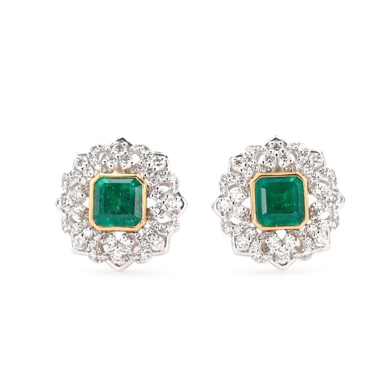 Photo 1 of ORIANNE 4.45ctw EMERALD AND 1.82ctw DIAMOND PLATINUM AND 18K YELLOW GOLD EARRINGS TOTAL WEIGHT 12.7 g WITH APPRAISAL ER007613