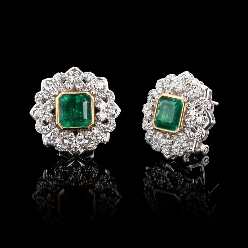 Photo 1 of ORIANNE 4.45ctw EMERALD AND 1.82ctw DIAMOND PLATINUM AND 18K YELLOW GOLD EARRINGS TOTAL WEIGHT 12.7 g WITH APPRAISAL ER007613