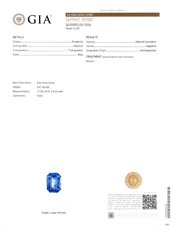 Photo 1 of ORIANNE 5.41ct BLUE SAPPHIRE AND 1.34ctw DIAMOND PLATINUM PENDANT WITH CHAIN (GIA CERTIFIED) TOTAL WEIGHT 12.8 g LENGTH 18" WITH APPRAISAL NK015876
