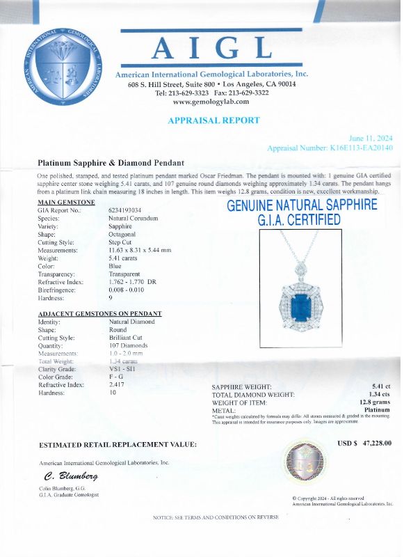Photo 1 of ORIANNE 5.41ct BLUE SAPPHIRE AND 1.34ctw DIAMOND PLATINUM PENDANT WITH CHAIN (GIA CERTIFIED) TOTAL WEIGHT 12.8 g LENGTH 18" WITH APPRAISAL NK015876