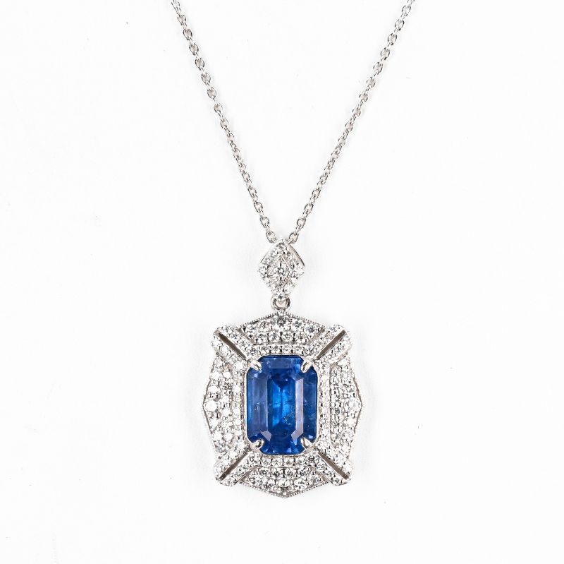 Photo 1 of ORIANNE 5.41ct BLUE SAPPHIRE AND 1.34ctw DIAMOND PLATINUM PENDANT WITH CHAIN (GIA CERTIFIED) TOTAL WEIGHT 12.8 g LENGTH 18" WITH APPRAISAL NK015876