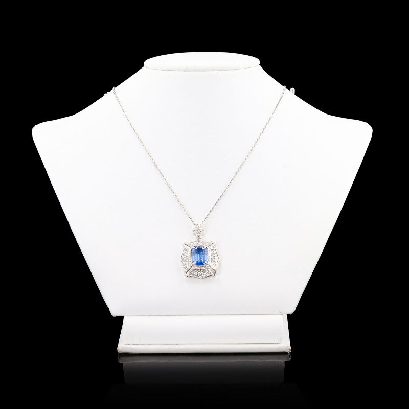 Photo 1 of ORIANNE 5.41ct BLUE SAPPHIRE AND 1.34ctw DIAMOND PLATINUM PENDANT WITH CHAIN (GIA CERTIFIED) TOTAL WEIGHT 12.8 g LENGTH 18" WITH APPRAISAL NK015876