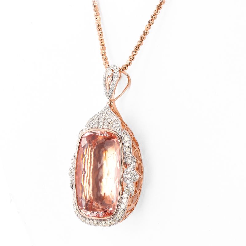 Photo 1 of ORIANNE 59.80ct MORGANITE AND 1.72ctw DIAMOND 14K ROSE AND WHITE GOLD PENDANT WITH CHAIN, TOTAL WEIGHT 32.5 g LENGTH 17" WITH APPRAISAL NK015990