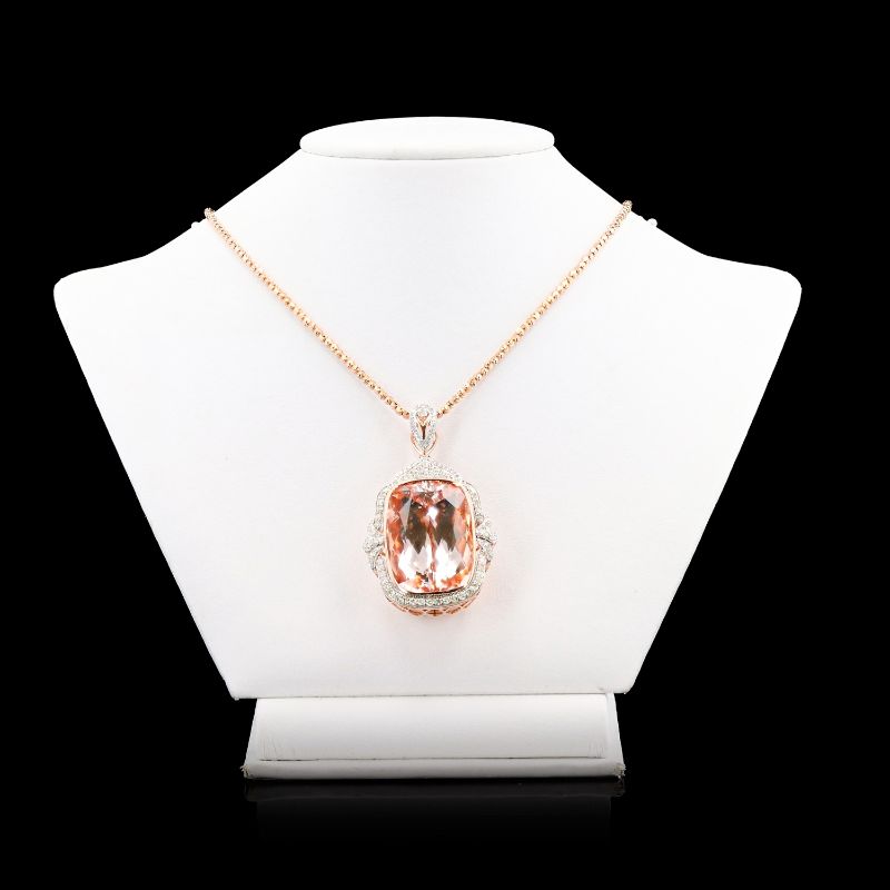 Photo 1 of ORIANNE 59.80ct MORGANITE AND 1.72ctw DIAMOND 14K ROSE AND WHITE GOLD PENDANT WITH CHAIN, TOTAL WEIGHT 32.5 g LENGTH 17" WITH APPRAISAL NK015990