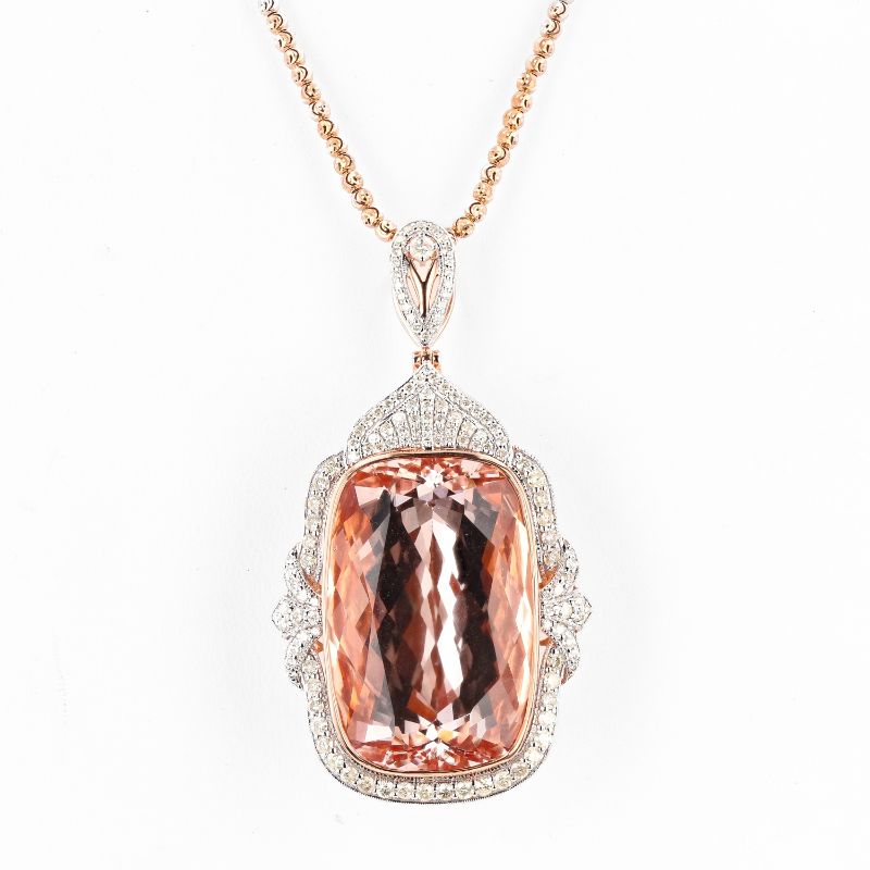 Photo 1 of ORIANNE 59.80ct MORGANITE AND 1.72ctw DIAMOND 14K ROSE AND WHITE GOLD PENDANT WITH CHAIN, TOTAL WEIGHT 32.5 g LENGTH 17" WITH APPRAISAL NK015990
