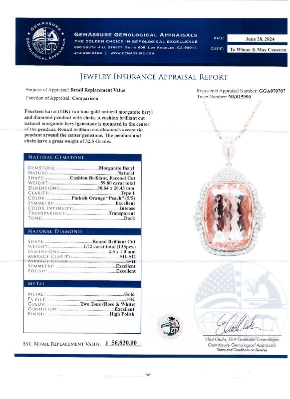 Photo 1 of ORIANNE 59.80ct MORGANITE AND 1.72ctw DIAMOND 14K ROSE AND WHITE GOLD PENDANT WITH CHAIN, TOTAL WEIGHT 32.5 g LENGTH 17" WITH APPRAISAL NK015990