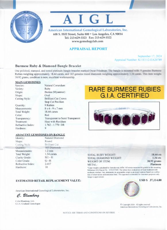 Photo 1 of ORIANNE 18.44ctw BURMESE RUBY AND 1.34ctw DIAMOND PLATINUM BANGLE (GIA CERTIFIED) TOTAL WEIGHT 30.92 g, SIZE 7" WITH APPRAISAL BG001431
