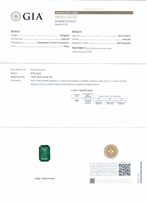 Photo 1 of ORIANNE 5.37ct EMERALD AND 1.52ctw DIAMOND PLATINUM RING (GIA CERTIFIED), TOTAL WEIGHT 12.2 g SIZE 7 WITH APPRAISAL RN036816