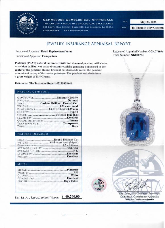 Photo 1 of ORIANNE 9.22ct TANZANAITE AND 0.85ctw DIAMOND PLATINUM PENDANT (GIA CERTIFIED) WITH CHAIN TOTAL WEIGHT 11.4 g LENGTH 17" WITH APPRAISAL NK016763