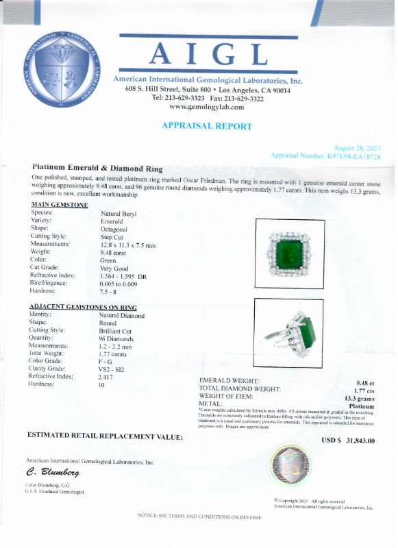 Photo 1 of ORIANNE 9.48ct EMERALD AND 1.77 ctw DIAMOND PLATINUM RING TOTAL WEIGHT 13.3 g SIZE 7 WITH APPRAISAL RN034875