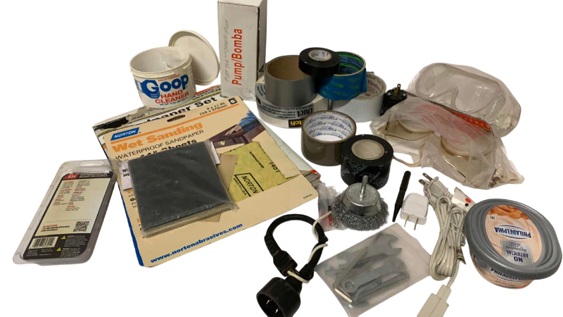 Photo 1 of SANDPAPER, TAPE, GOGGLES AND HARDWARE