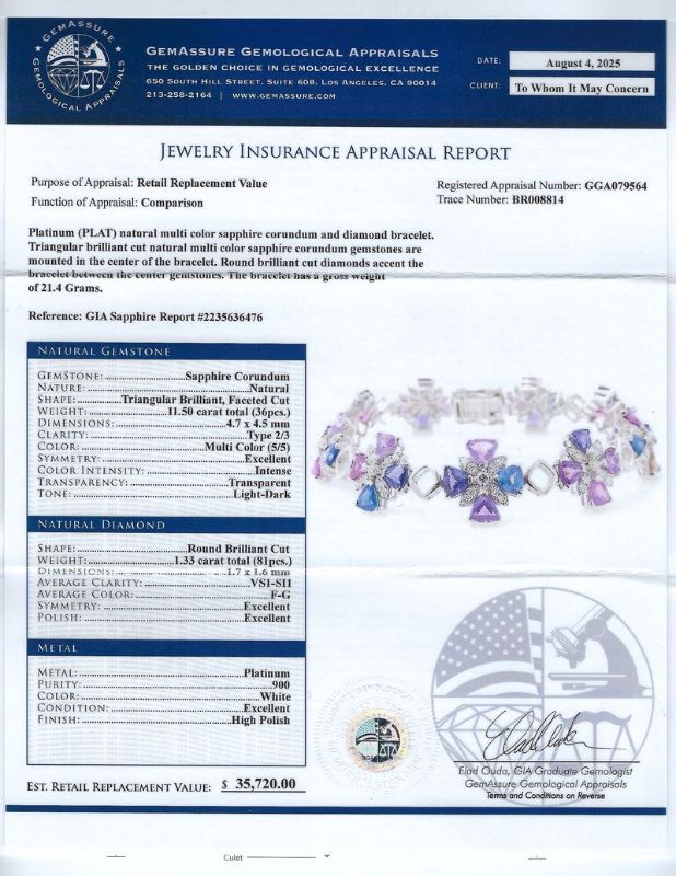 Photo 1 of ORIANNE 11.50ctw MultiColor Sapphire and 1.33ctw Diamond Platinum Bracelet (GIA CERTIFIED) Size 7" with Appraisal BR008814
