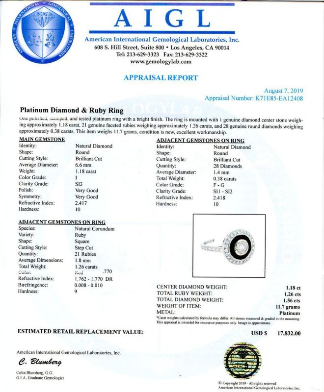 Photo 1 of ORIANNE 1.18ct SI3 CLARITY CENTER Diamond and 1.26ctw Ruby Platinum Ring (1.56ctw Diamonds) size 6 3/4 with Appraisal RN026689