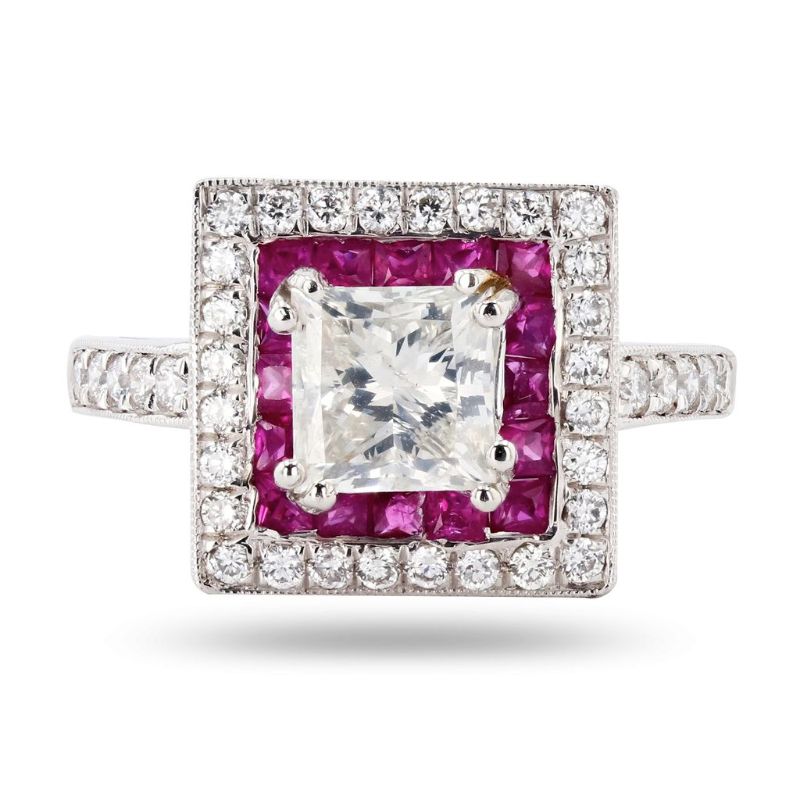 Photo 1 of ORIANNE 1.30ct CENTER Diamond and 0.68ctw Ruby Platinum Ring (1.72ctw Diamonds) Size 6 1/2 with Appraisal RN026449