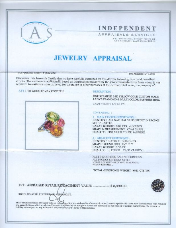 Photo 1 of ORIANNE 6.08ctw Multicolor Sapphire and 0.53ctw Diamond 14K Yellow Gold Ring size 7 with Appraisal RN040193