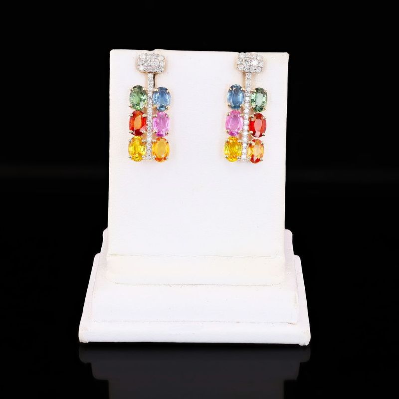 Photo 1 of ORIANNE 6.11ctw MultiColor Sapphire and 0.55ctw Diamond 14K Yellow Gold Earrings with Appraisal ER008409