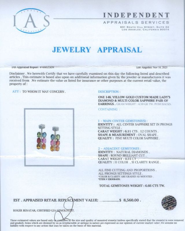 Photo 1 of ORIANNE 6.11ctw MultiColor Sapphire and 0.55ctw Diamond 14K Yellow Gold Earrings with Appraisal ER008409