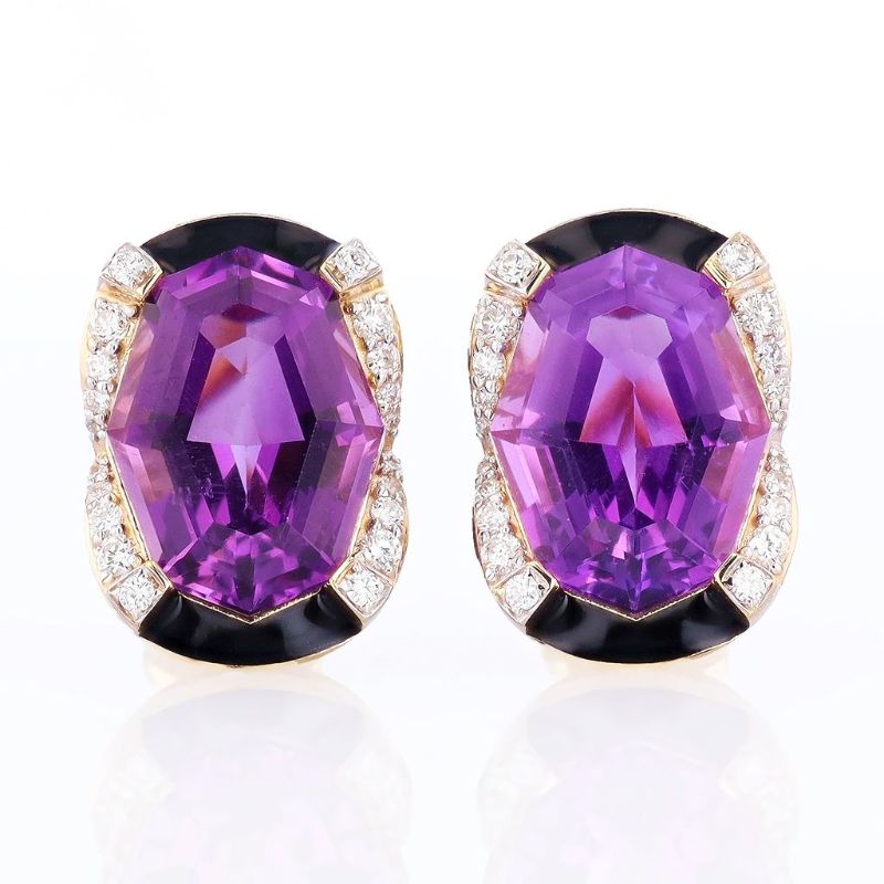 Photo 1 of ORIANNE 16.02ctw Amethyst and 0.53ctw Diamond 14K Yellow Gold Earrings with Black Enamel with Appraisal ER008405