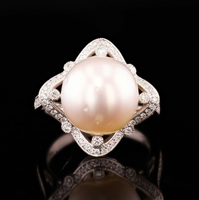 Photo 1 of ORIANNE 12mm White South Sea Cultured Pearl and 0.38ctw Diamond Platinum Ring (GIA CERTIFIED) size 7 RN037085