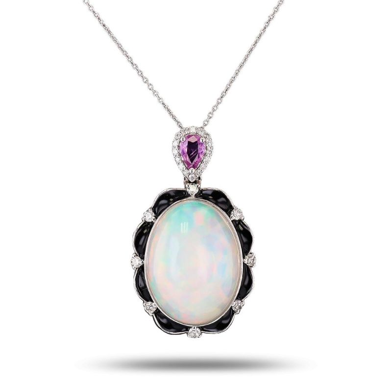 Photo 1 of ORIANNE 15.22ct Opal, 0.45ct Pink Sapphire and 0.31ctw Diamond Platinum Pendant with Black Enamel Size 18" NK016433