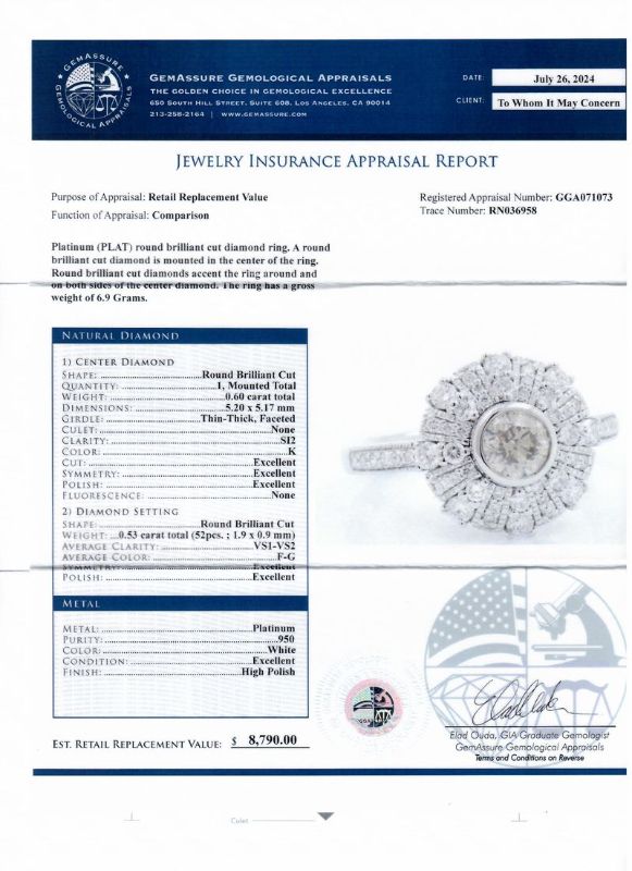 Photo 1 of ORIANNE 0.60ct K COLOR SI2 CLARITY CENTER Diamond Platinum Ring (1.13ctw Diamonds) Size 6 3/4 with Appraisal RN036958