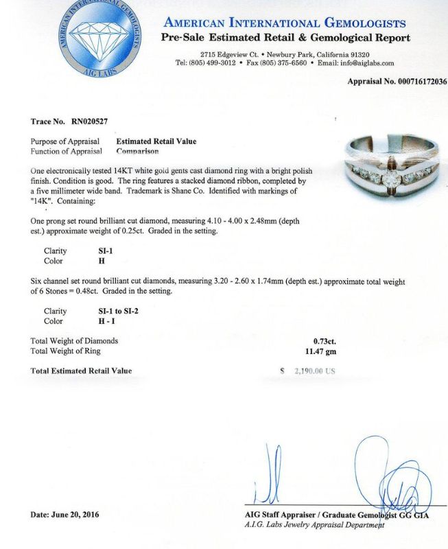 Photo 1 of ORIANNE 0.73ctw Diamond 14KT White Gold Ring size 7 with Appraisal RN020527