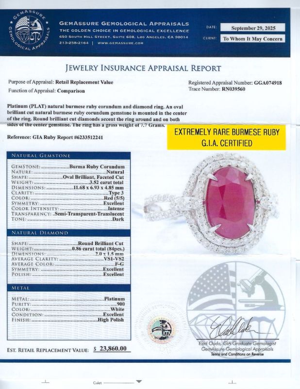 Photo 1 of ORIANNE 3.52ct BURMESE Ruby and 0.86ctw Diamond Platinum Ring (GIA CERTIFIED) Size 6 1/2 with Appraisal RN039560