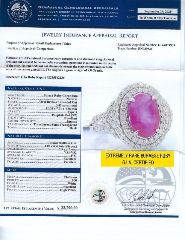 Photo 1 of ORIANNE 3.42ct BURMESE Ruby and 1.07ctw Diamond Platinum Ring (GIA CERTIFIED) size 7 with Appraisal RN039536
