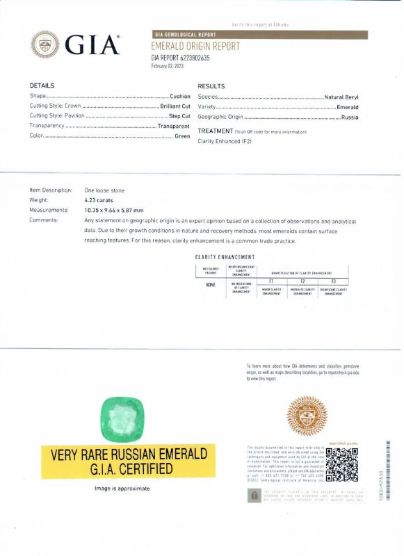 Photo 1 of ORIANNE 4.23ct RUSSIAN Emerald and 1.13ctw Diamond 18K White Gold Ring (GIA CERTIFIED) Size 7 with Appraisal RN034215