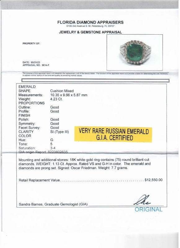 Photo 1 of ORIANNE 4.23ct RUSSIAN Emerald and 1.13ctw Diamond 18K White Gold Ring (GIA CERTIFIED) Size 7 with Appraisal RN034215