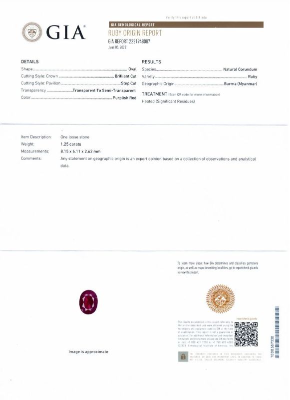 View 5 of ORIANNE 1.25ct BURMESE Ruby and 1.20ctw Diamond Platinum Ring (GIA CERTIFIED) size 7 with Appraisal RN034921
