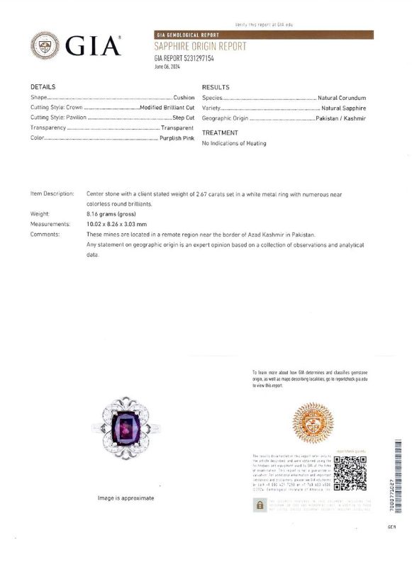 View 5 of ORIANNE 2.67ct UNHEATED Purplish Pink KASHMIR Sapphire and 0.44ctw Diamond Platinum Ring (GIA CERTIFIED) Size 7 1/4 with Appraisal RN036705