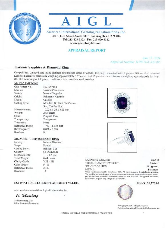 View 4 of ORIANNE 2.67ct UNHEATED Purplish Pink KASHMIR Sapphire and 0.44ctw Diamond Platinum Ring (GIA CERTIFIED) Size 7 1/4 with Appraisal RN036705