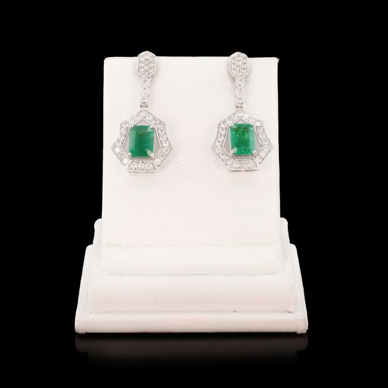 Photo 1 of ORIANNE 2.70ctw Emerald and 0.94ctw Diamond 18K White Gold Dangle Earrings with Appraisal ER004613