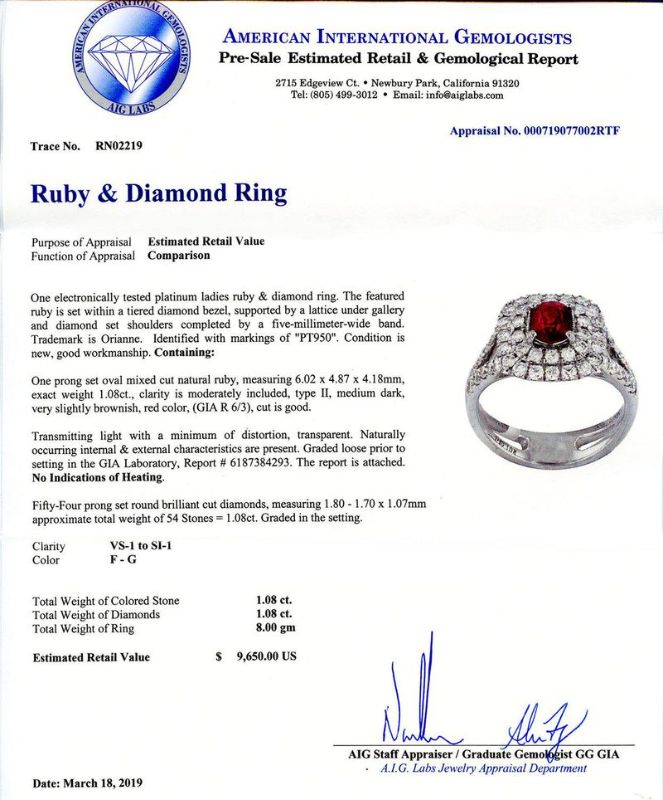 Photo 1 of ORIANNE 1.08ct UNHEATED Ruby and 1.08ctw Diamond Platinum Ring (GIA CERTIFIED) size 7 with Appraisal RN022219