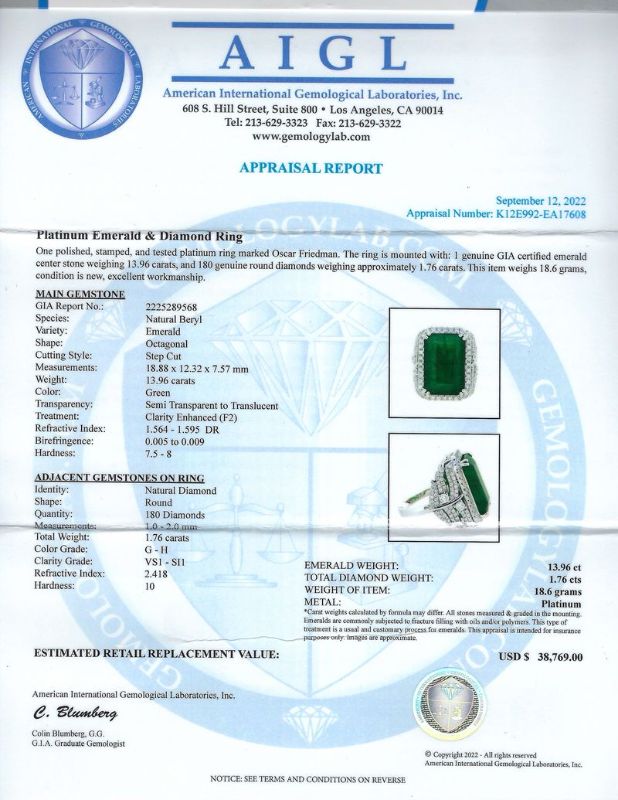 View 4 of ORIANNE 13.96ct F2 CLARITY ENHANCED Emerald and 1.76ctw Diamond Platinum Ring Size 7 1/2 With Appraisal RN032758