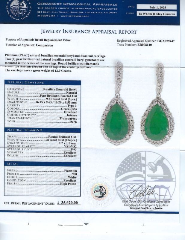 View 4 of ORIANNE 9.21ctw BRAZILIAN Emerald & 1.78ctw Diamond Platinum Dangle Earrings With Appraisal ER008140