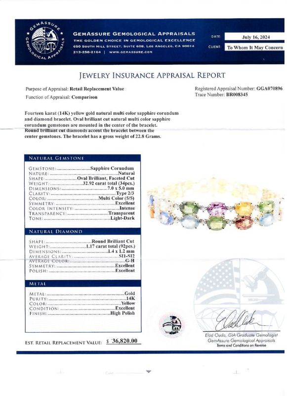 Photo 1 of ORIANNE 32.92ctw MultiColor Sapphire and 1.17ctw Diamond 14K Yellow Gold Bracelet Size 7" with Appraisal BR008345