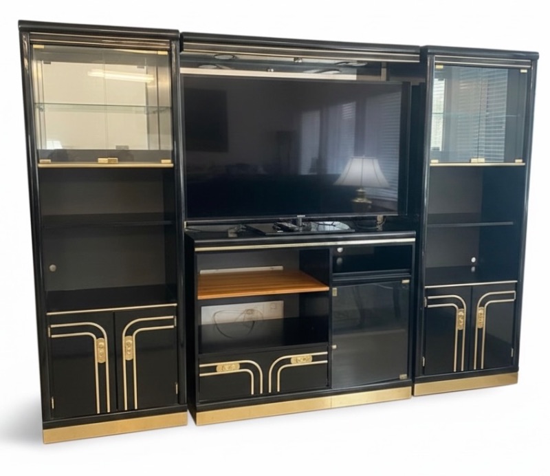 Photo 1 of 3PCS-POST MODERN 1980s BLACK LACQUER ENTERTAINMENT CENTER W HOLLYWOOD REGENCY BRASS/GOLD METALLIC TRIM,SMOKED GLASS- END PIECES MEASURE 27” X 16 1/2” H 76” MIDDLE PIECE MEASURES 4’ X 16 1/2” H 76”